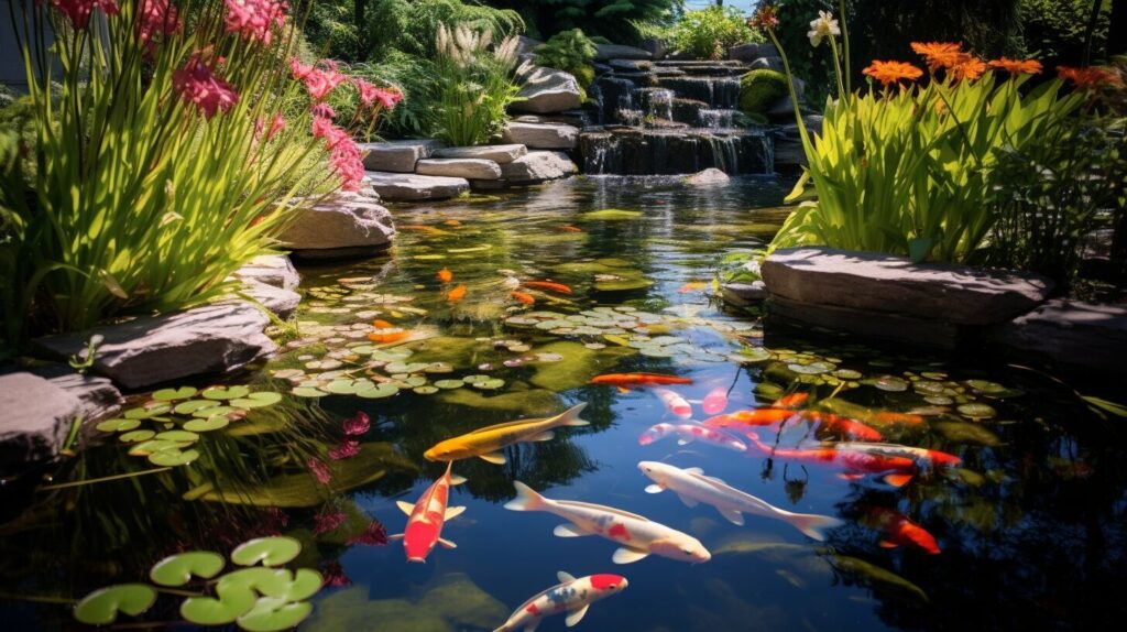 koi pond with clear water and plants